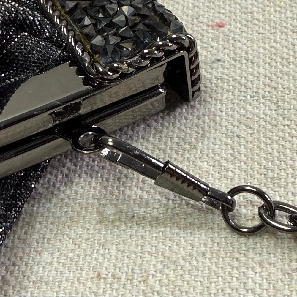 Black Sparkle Rhinestone Frame Clutch Evening Bag w/ Chain Strap